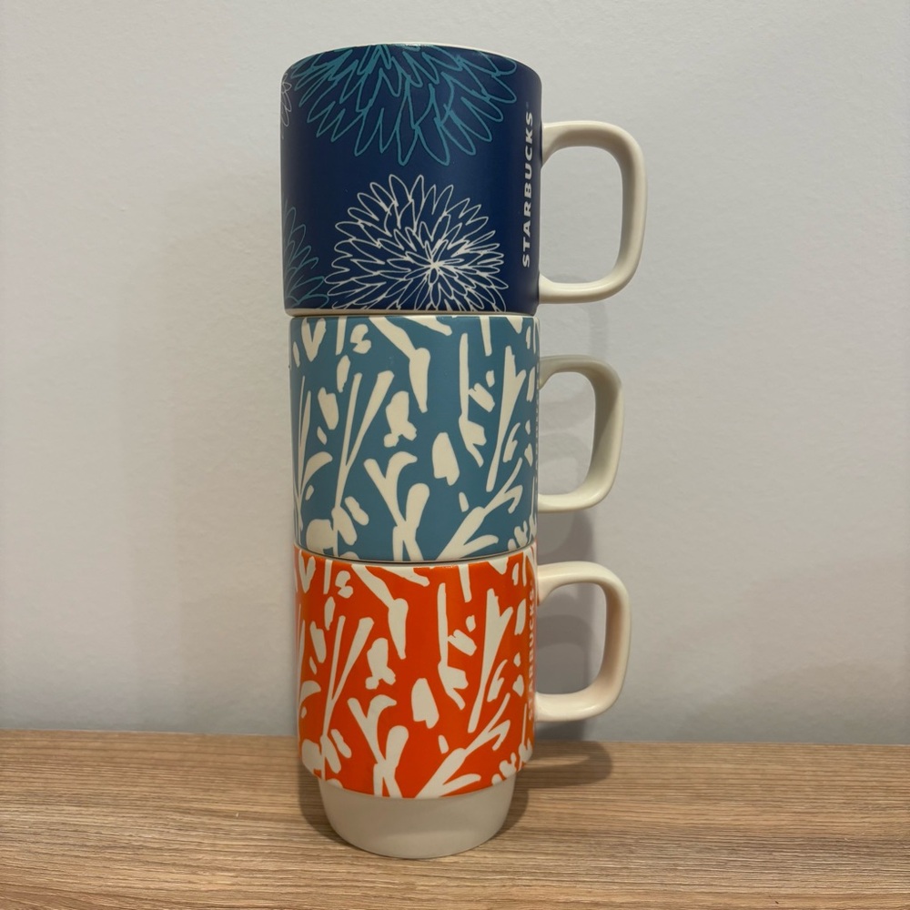 2016 Starbucks Spellout Stackable Abstract Floral Ceramic 12 oz Coffee Mugs Lot